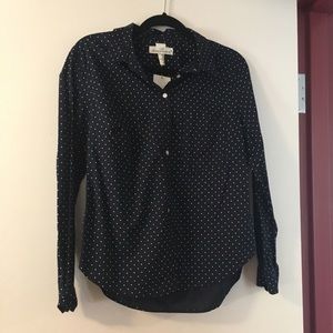 Navy blue, white polkadot button down dress shirt